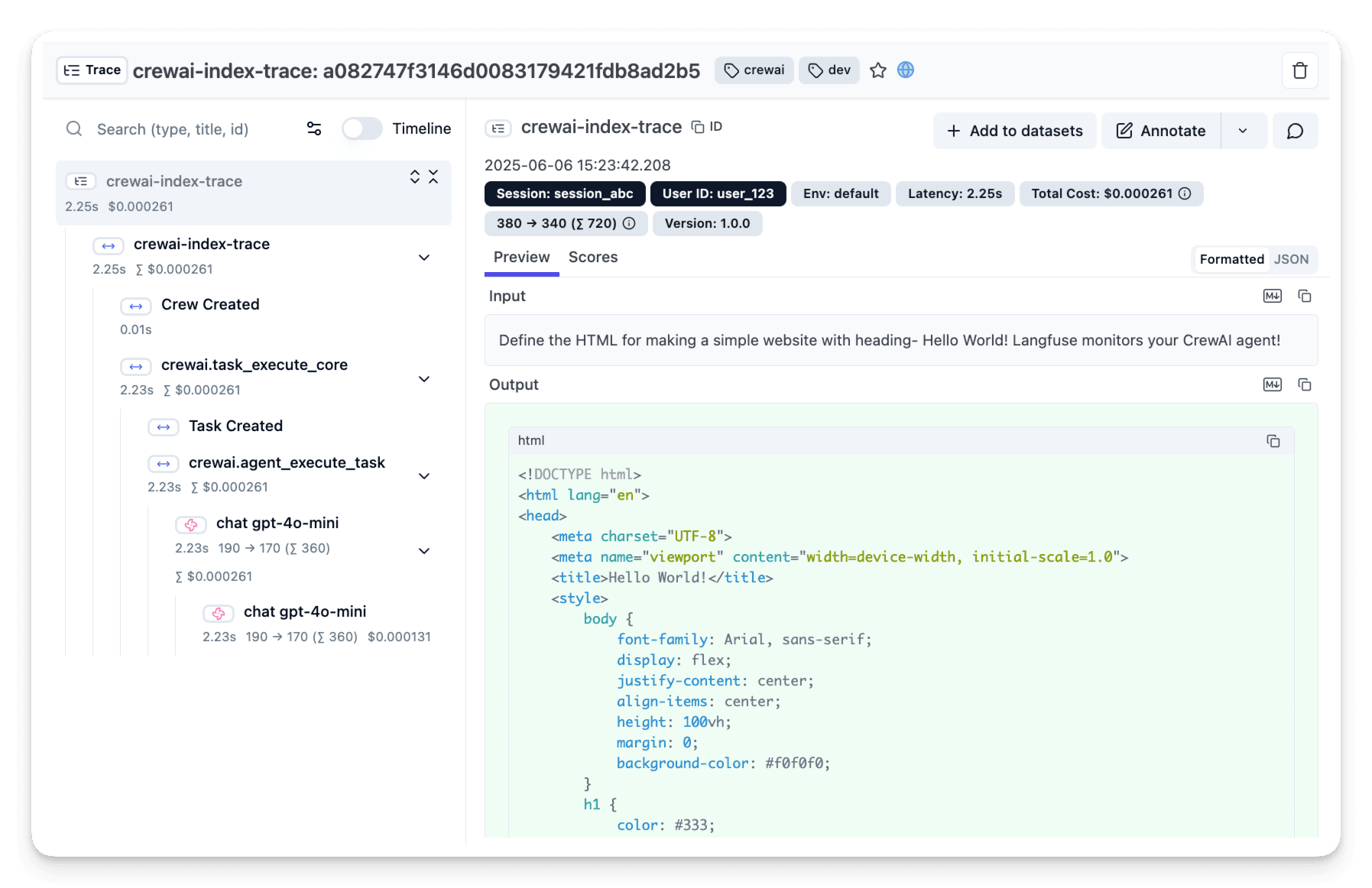 CrewAI example trace in Langfuse